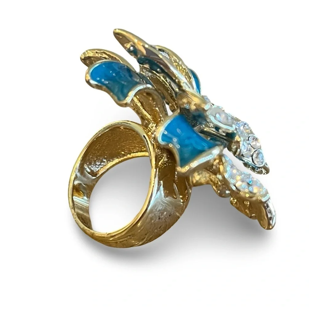 Stunning Joan Boyce Gold Statement Ring Blue Enamel Crystal Accents Bow Size 7
